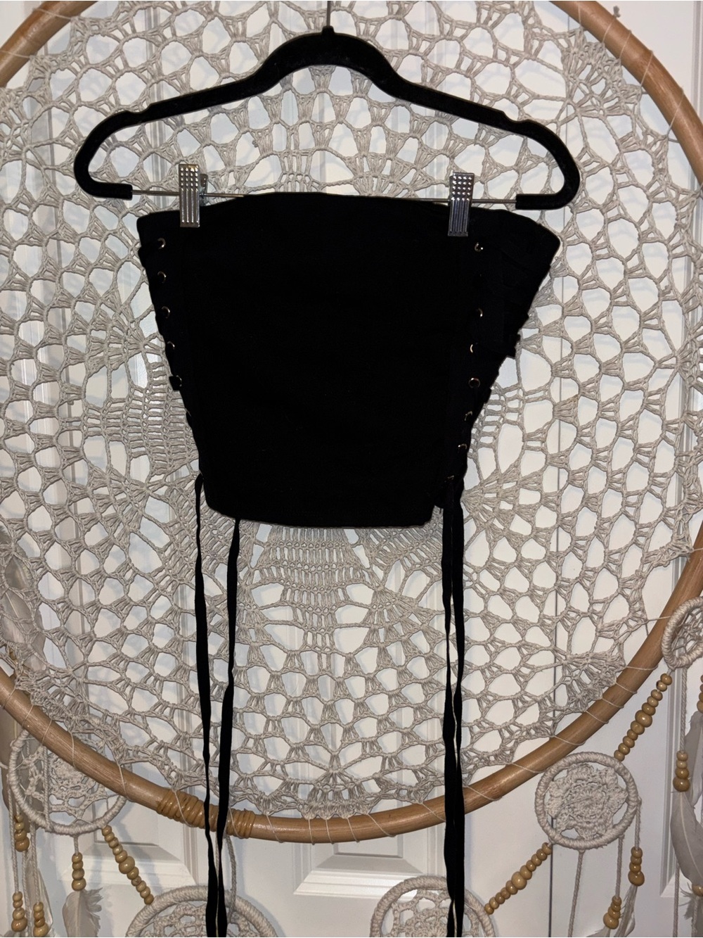 Self esteem Y2K Black Lace-Up Strapless Crop Top size XS A00375